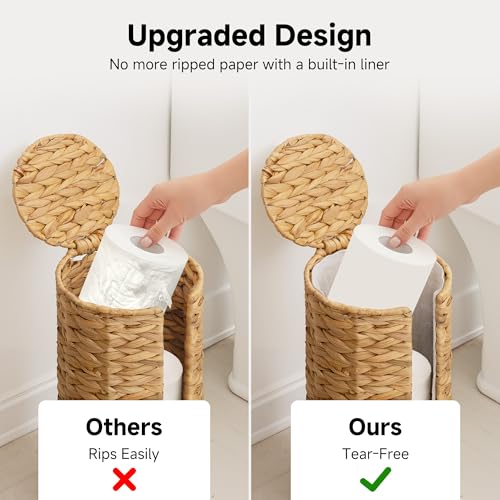 StorageWorks Water Hyacinth Free Standing Toilet Paper Holder Stand for Bathroom, 3 Rolls of Toilet Tissue Storage with a Built-in Cloth Lining, Toilet Roll Holder Stand with Lid | Decorative 3 Rolls of Toilet Tissue Storage with a Built-in Cloth Lining,