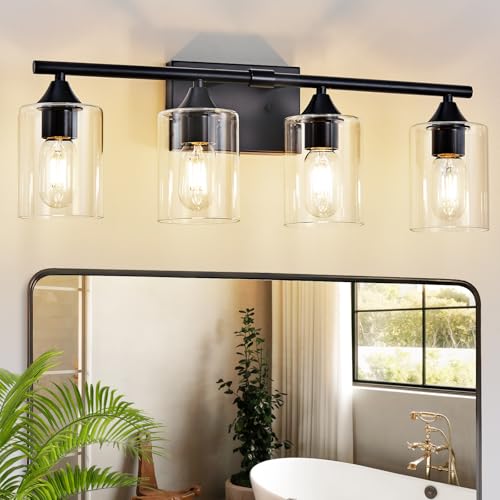 4-Light Bathroom Light Fixtures,Black Bathroom Vanity Light,Bathroom Lights Over Mirror with Clear Glass Shade,Modern Sconce Wall Lighting for Mirror Bedroom Vanity Hallway - color: Black, size: 4-Light