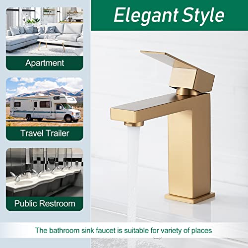VOTON Brushed Gold Bathroom Faucet, Modern Bathroom Faucet 1 Hole, Single Handle Bathroom Sink Faucet Brushed Gold with Deck Plate & Water Supply Hoses - color: B-Brushed Gold, style: Without Drain
