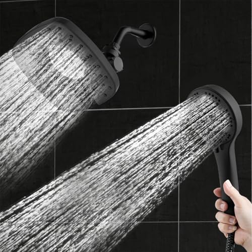 Black Shower Head with Handheld Spray Combo 2 in 1 Rainfall High Pressure with 59" Rotatable Stainless Steel Hose 9 Spray Modes Detachable - color: Black