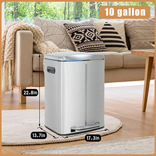 40 Liter / 10 Gallon Dual Compartment Stainless Steel Kitchen Trash Can,Hands-Free Step Trash Bin with Soft-Close Lid, Recycle and Garbage Can Combo, for Kitchen and Living Room Office - style: Single Lid(40L)