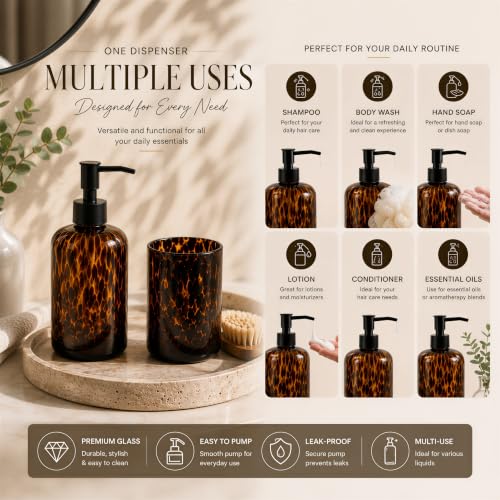 Tortoise Shell Bathroom Accessories | Tortoise Shell Soap Dispenser with Toothbrush Holder | Leopard & Cheetah Bathroom Accessories | Brown Bathroom Decor | Amber Glass Soap Dispenser with Black Pump