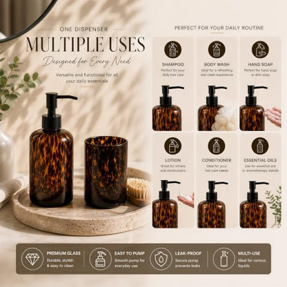 Tortoise Shell Bathroom Accessories | Tortoise Shell Soap Dispenser with Toothbrush Holder | Leopard & Cheetah Bathroom Accessories | Brown Bathroom Decor | Amber Glass Soap Dispenser with Black Pump