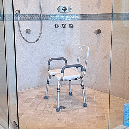 Deluxe Armed Shower & Bath Chair with Back & Arms, Snap On Tool Free Assembly, Lightweight & Seat Height Adjustable, Great for Travel (Hygienic with Back)