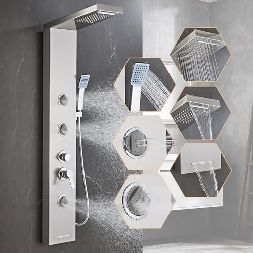 6 in1 Multi-Function Shower Panel Tower System-Brushed Gray | 304 stainless steel Shower Panel Column Tower with Powerful Body Massage, Rainfall, Waterfall,Handheld and Tub Spout - color: Brushed Gray, style: HSY-003