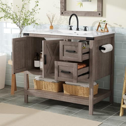 AMERLIFE 36" Gray Farmhouse Bathroom Vanity with Sink and 2 Drawers | Light Gray, Single Solid White Integrated Top, Moisture-Resistant MDF, 2 X-Panel Doors, 2 Drawers, Open Shelf, Towel Holder - color: Light Gray, size: 36”