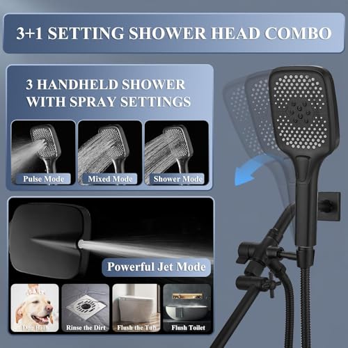 14 Inch Large Shower Head with Handheld Spray Combo and Extention Arm, Rain Rainfall Waterfall High Pressure Shower Heads, Modern Showerhead with 3-Way Diverter - Height/Angle Adjustable(Matte Black) - color: Black, size: 14 Inch