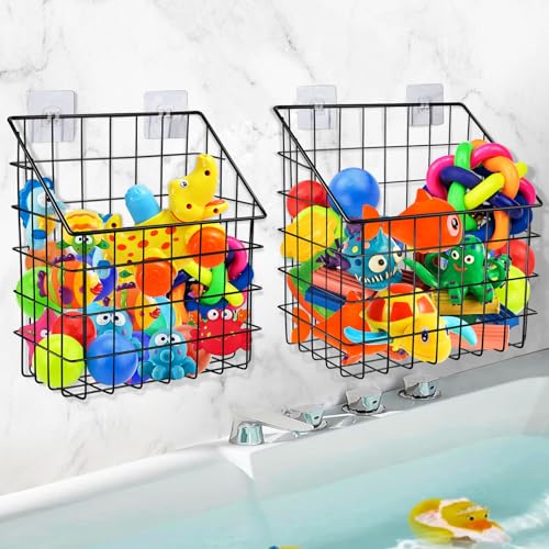 Greentainer 2 Pack Bath Toy Storage Organizer, Large Rustproof Metal Wire Basket, Wall Mounted Hanging Bathtub Holder, Bathroom Shower Caddy for Tub Toys & Toiletries - color: Black
