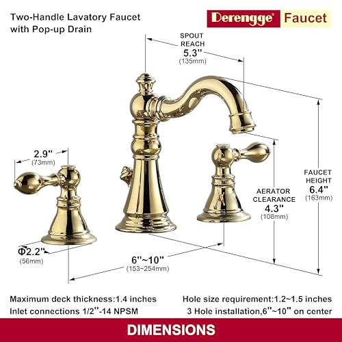 Polished Brass 2-Handle 8 Inch Widespread Bathroom Faucet, 3 Holes | Derengge Traditional Widespread Sink Faucet, With Pop-Up Drain 360° Swivel Stainless Steel Spout, F-8303-PB - color: Polished Brass
