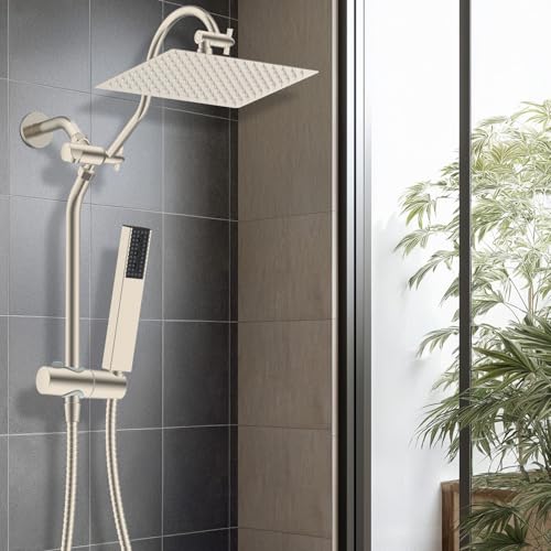Hibbent 12'' Rainfall Showerhead with 4-mode Handheld Spray, Brushed Nickel | cUPC Certified High Pressure Showerhead Combo, 12'' Adjustable Extension Arm, Extension Bar, Easy Reach Holder, 71'' Hose - color: Brushed Nickel, style: Square 12''