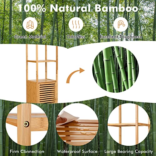 Tall Bamboo Cabinet, Narrow Bathroom Floor Storage Cabinet with 3 Tier Shelves & Shutter Door, Slim Linen Tower Cabinet for Living Room or Kitchen, 15.5 x 14.5 x 65 inches