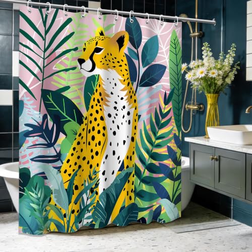 Tropical Leopard Extra Long Shower Curtain, Tall 72x96 in | Tall 96 inch XL, Floor to Ceiling, Pink and Green Natural Leaves Pattern, Waterproof Polyester Fabric, with Metal Hooks - color: Cheetah, size: 70"W x 96"L (Pack of 1)