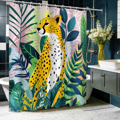 Tropical Leopard Extra Long Shower Curtain, Tall 72x96 in | Tall 96 inch XL, Floor to Ceiling, Pink and Green Natural Leaves Pattern, Waterproof Polyester Fabric, with Metal Hooks - color: Cheetah, size: 70"W x 96"L (Pack of 1)