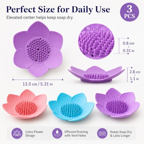 3Pcs Lotus Flower Soap Dishes with Drainage, Silicone Soap Holder for Shower, Self-Draining Bar Soap Tray for Bathroom Counter, Kitchen Sink & Bathtub, Soap Saver, Easy Dry