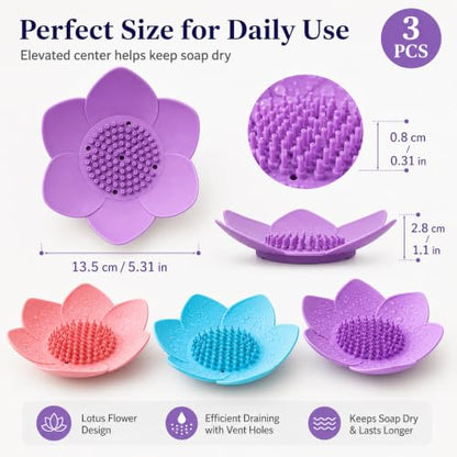 3Pcs Lotus Flower Soap Dishes with Drainage, Silicone Soap Holder for Shower, Self-Draining Bar Soap Tray for Bathroom Counter, Kitchen Sink & Bathtub, Soap Saver, Easy Dry