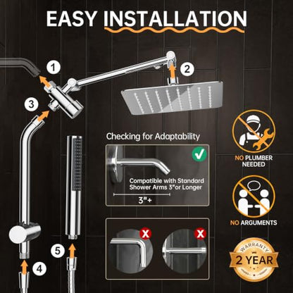 Veken All Metal 8" Luxurious Rain Shower Head with Handheld,High Pressure | Dual Shower Heads Spray,Power Wash Wand,Detachable Showerhead Combo,Small Square Adjustable Rainfall ,Spa-like,Chrome,Silver - color: Chrome, size: 8 Inch