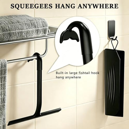 2PACK Shower Squeegee for Glass Doors All-One-Piece Silicone with Hook | Design for Easy Hanging & Cleaning for Bathroom, Window, Kitchen, Mirror, Tile Wall, Car, Streak-Free No-Squeak Tool, Black