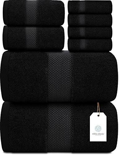 White Classic Luxury Bath Towel Set of 8 Pieces - 100% Turkish Cotton Highly Absorbent Towels for Bathroom, 2 Luxury Bath Towels 700GSM, 2 Hand Towels, 4 Washcloths, Black - color: 04: Black
