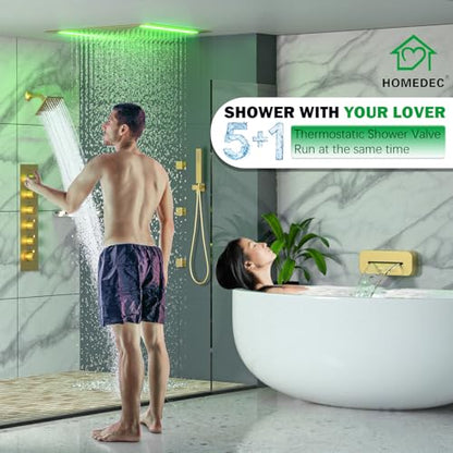 HOMEDEC 14x20inch and 6inch Shower System with Bathtub Spout, 5 Way Valve and 6 Body Jets, Rainfall Shower Head with Handheld Combo, Brushed Gold - color: Brushed Gold, style: 5-Way + 1x 6" Top + Spout