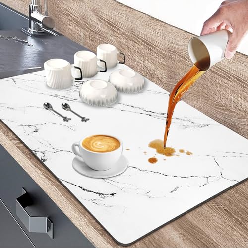 Dish Drying Mat for Kitchen Counter, 12"x19" Heat Resistant Drainer Mats with Non-slip Rubber Backed, Hide Stain Kitchen Drying Mat Super Absorbent Draining Mat, Easy to Clean Dish Rack Pad (White)