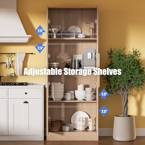Housoul 71" Tall Pantry Cabinet with 4 Doors, Kitchen Pantry Storage Cabinet, Freestanding Larder Cupboard, Utility Kitchen Hutch with Gold Handles for Dining Room, Bathroom, Oak - color: Oak