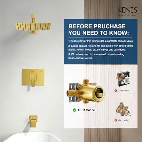 KENES Brushed Gold Shower Set with Tub Faucet, Square Tub Shower Faucet Set | Shower Faucet with 10-Inch Rain Shower Head, Square Shower System, Valve Included, Lead-Free cUPC & NSF Certified, Stainless - color: Brushed Gold, style: Tub Shower Faucet Set