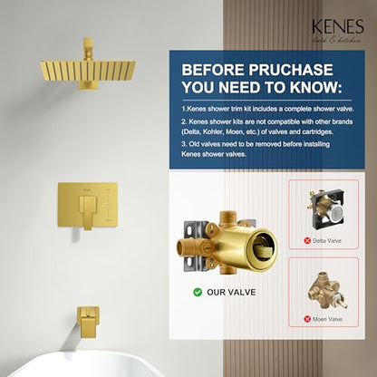 KENES Brushed Gold Shower Set with Tub Faucet, Square Tub Shower Faucet Set | Shower Faucet with 10-Inch Rain Shower Head, Square Shower System, Valve Included, Lead-Free cUPC & NSF Certified, Stainless - color: Brushed Gold, style: Tub Shower Faucet Set