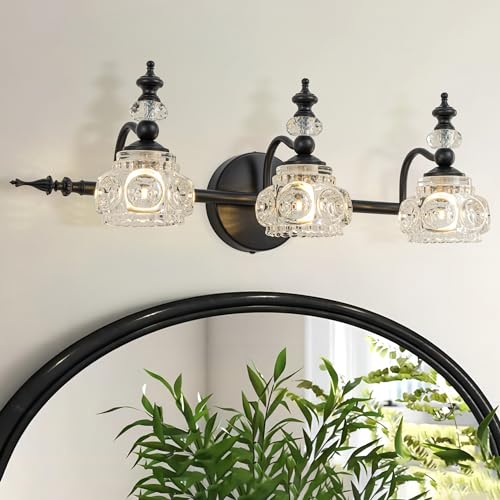Bathroom Vanity Light Fixtures, Farmhouse Vintage Wall Sconce Lighting with Glass Shade, Bath Vintage Wall Mounted Lamps for Mirror (3 Lights,Matte Black,G9 Base) - color: Black