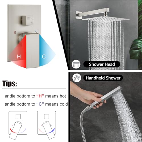 Midanya Shower Faucet Set with Handheld Sprayer,12 Inch,Brushed Nickel | Rough-in Shower Valve and Trim Kit Included,Square Rain Head,Wall Mount Shower System,All Metal,Bathroom - color: Nickel, size: 12 Inch