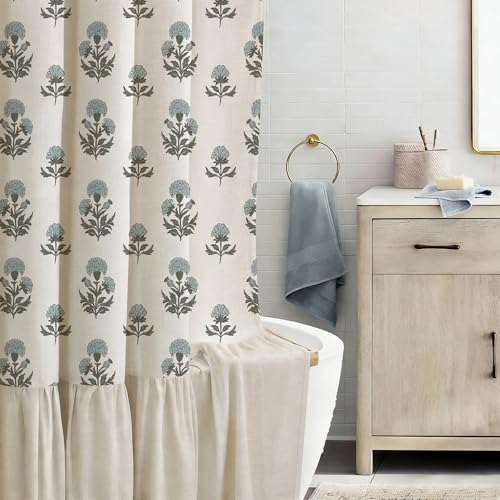 ORTIGIA Linen Textured Ruffle Shower Curtain with Metal Hooks, Vintage Blue Floral Block Print Boho Waterproof Bath Curtain for Rustic Farmhouse Bathroom Decor 72x72 Inch - color: Blue Block Print, size: 72"W x 72"L (Pack of 1)