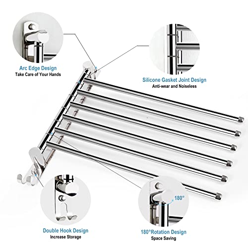 6-Arm Swivel Towel Bar, 180°Rotating Towel Rack Wall Mounted, 304 Stainless Steel Rustproof Heavy Duty Towel Holder for Bathroom Kitchen Laundry Room, Space Saving, Brushed Nickel Finish - color: Silver, size: 6 Arms