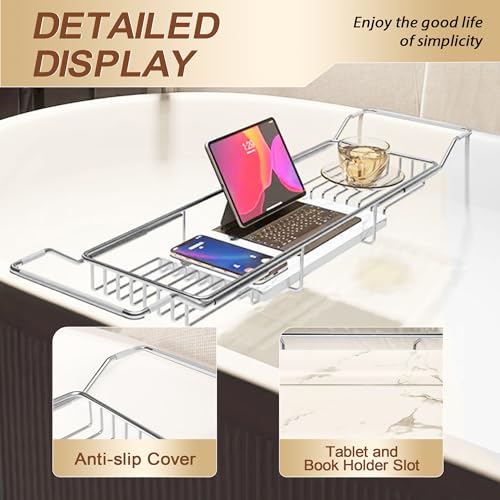 Bathtub Tray Stainless Steel with Marble Base Chrome Bathtub Tray with White Marble Base Adjustable & Rustproof Bath Caddy for Spa, Relaxation, Bath Bombs - color: Chrome