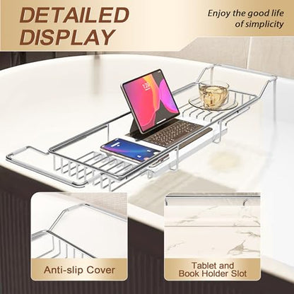 Bathtub Tray Stainless Steel with Marble Base Chrome Bathtub Tray with White Marble Base Adjustable & Rustproof Bath Caddy for Spa, Relaxation, Bath Bombs - color: Chrome