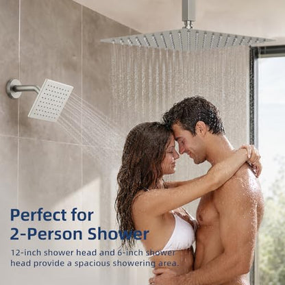 Thermostatic Dual Shower Head System, Brushed Nickel Shower Faucet | 12 Inch Ceiling Rainfall Shower, 6 Inch Wall Mount Head, High Pressure Handheld Sprayer, Push Button Valve - color: Brushed Nickel