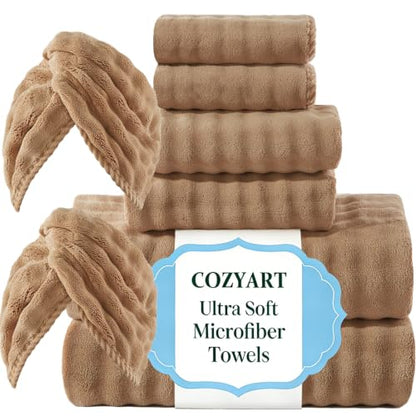 COZYART Lint Free 8 Pcs Bathroom Towels Set Ultra Soft Microfiber Tan | Fluffy, Thick, Highly Absorbent, Fast Dry, No Shedding, No Pilling, Fade Resistant, Durable, Long-lasting - color: Tan