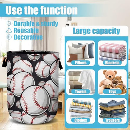 Baseball Softball Laundry Basket, Ball Laundry Hamper Collapsible Oxford Cloth with Handle Clothes Storage Bin for Bathroom Laundry Room Bedroom 15.7 X 20 Inch - color: Baseball Softball Ball