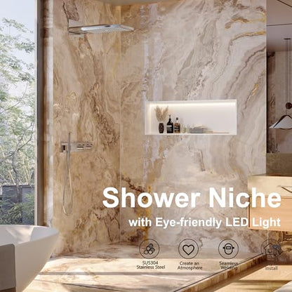 Qeke 36" X 12" Stainless Steel Shower Niche w/ 3 CCT Dimmable Light, White | No Tile Needed Wall Niche, Recessed Niche w/ Light(3000K/4000K/6000K), IP66 Waterproof, Space Saving & Durable - color: Matte White, size: 36" X 12"