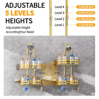 Aluminum Shower Caddy Hanging, Never Rust Shower Organizer | 4 Levels with adjustable Height 10 Hooks for Razor/Sponge - Rack with Soap Basket (Gold) - color: Gold