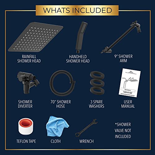 All Metal Shower Head 8" Dual Square Shower Head With Handheld Wand 71in Hose Set, High Pressure Rain Shower Heads Combo, 3-Way Diverter Rainfall Showerhead with Adjustable Extension Arm - color: Matte Black, size: 8 Inches, 1.8 GPM