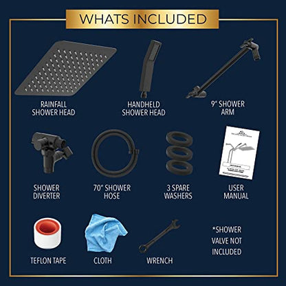 All Metal Shower Head 8" Dual Square Shower Head With Handheld Wand 71in Hose Set, High Pressure Rain Shower Heads Combo, 3-Way Diverter Rainfall Showerhead with Adjustable Extension Arm - color: Matte Black, size: 8 Inches, 1.8 GPM