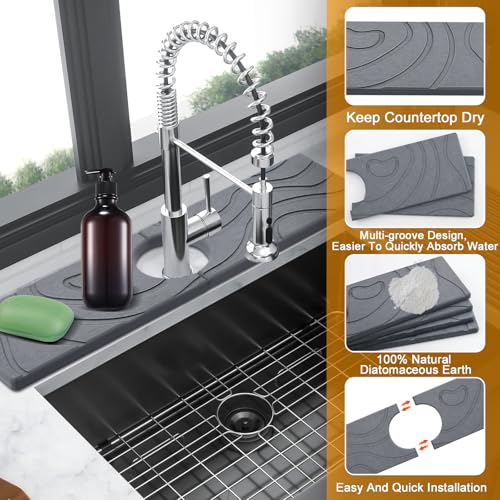 2-Pack Stone Faucet Mat for Kitchen Sink, Diatomite Drying Absorbing Tray | Olldag Drip Catcher Splash Guard Water Protector for Faucet Bathroom Counter - Dark Grey (15.7"x4") - size: 15.7x4 Inch