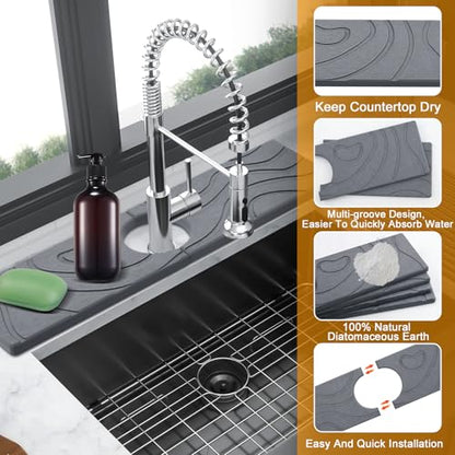 2-Pack Stone Faucet Mat for Kitchen Sink, Diatomite Drying Absorbing Tray | Olldag Drip Catcher Splash Guard Water Protector for Faucet Bathroom Counter - Dark Grey (15.7"x4") - size: 15.7x4 Inch