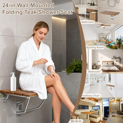 24'' Folding Shower Seat Wall Mounted, 500lb Load Capacity, Space-Saving | Folding Shower Bench with Stainless Steel Bracket, for Elderly, Pregnant Women, Kids, Disabled - size: 24 inches