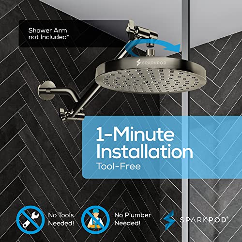 SparkPod Rain Shower Head, 8 Inch Round, Elegant Brushed Nickel Finish | High Pressure Shower Heads, 90 Nozzles, Adjustable Showerhead, No Tools Needed, Universal Connection - color: Elegant Brushed Nickel, style: 8 Inch Round
