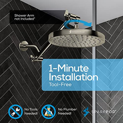 SparkPod Rain Shower Head, 8 Inch Round, Elegant Brushed Nickel Finish | High Pressure Shower Heads, 90 Nozzles, Adjustable Showerhead, No Tools Needed, Universal Connection - color: Elegant Brushed Nickel, style: 8 Inch Round