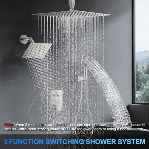 Shower Faucet Set, 12" Ceiling Mount Rainfall Shower System with 2 Rain Shower Head and Multi-function Handheld Head Push Button Diverter Shower Faucet Trim Kit (12", Brushed Nickel) - color: Brushed Nickel, style: 12"-Ceiling-01