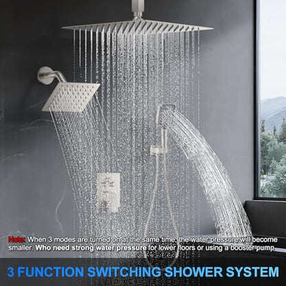 Shower Faucet Set, 12" Ceiling Mount Rainfall Shower System with 2 Rain Shower Head and Multi-function Handheld Head Push Button Diverter Shower Faucet Trim Kit (12", Brushed Nickel) - color: Brushed Nickel, style: 12"-Ceiling-01