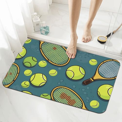 Stone Bath Mat Tennis Racquets And Tennis Balls Diatomaceous Earth Shower Mat Super Absorbent Non-Slip Bath Mats for Bathroom Floor Mats Thin Quick Dry Shower Rug, Easy to Clean, 23.6" x 15.7"