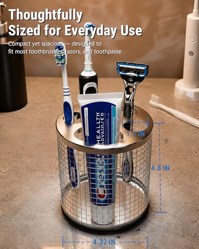 Toothbrush Holder for Bathroom, 304 Stainless Steel Ventilated Countertop Organizer with Slots for Electric & Manual Toothbrushes, Toothpaste, Razor — Paw Print Design, Dishwasher Safe