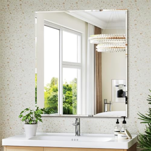 Frameless Bathroom Mirror, 32"x36" Beveled Bathroom Vanity Mirror | Wall Mount Mirrors for Bedroom Entryway Living Room Hangs Horizontally or Vertically - size: 36"L x 32"W